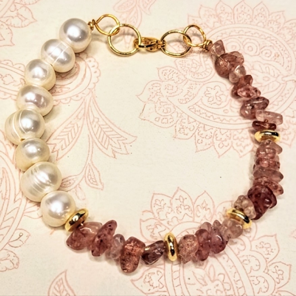 Natural Strawberry Quartz & Baroque  Pearls In Assymetrical Gold Plated Bracelet